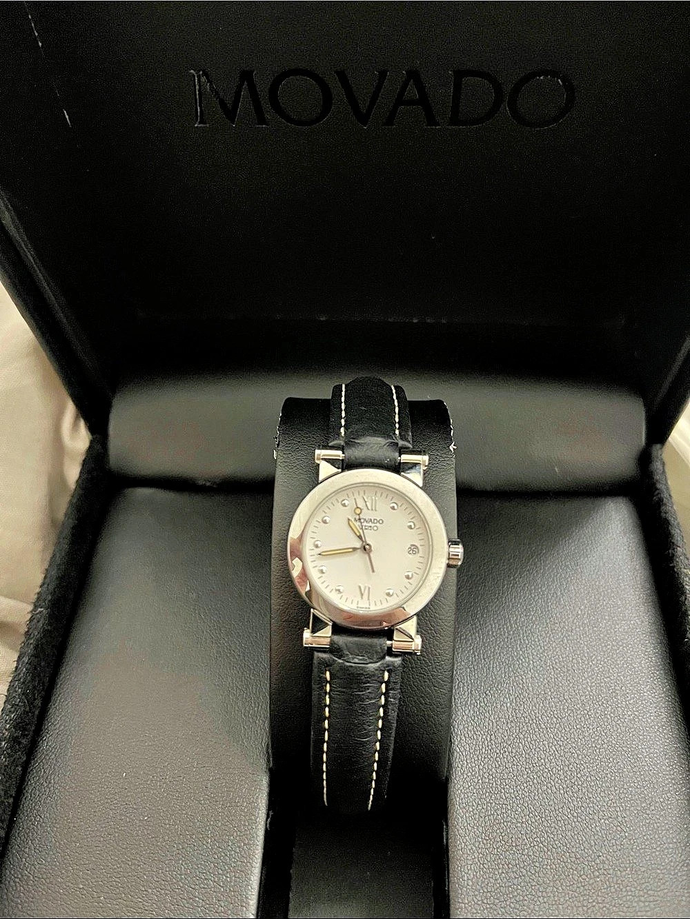 Movado Vizio Quartz Watch Black Leather Strap Watch Like New